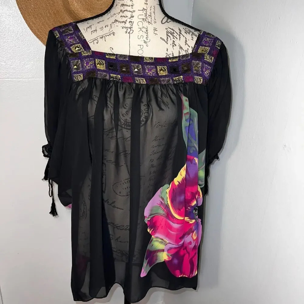 Beige by eci, 2X, sheer, black floral sequin‎ square neck balloon tie sleeves
